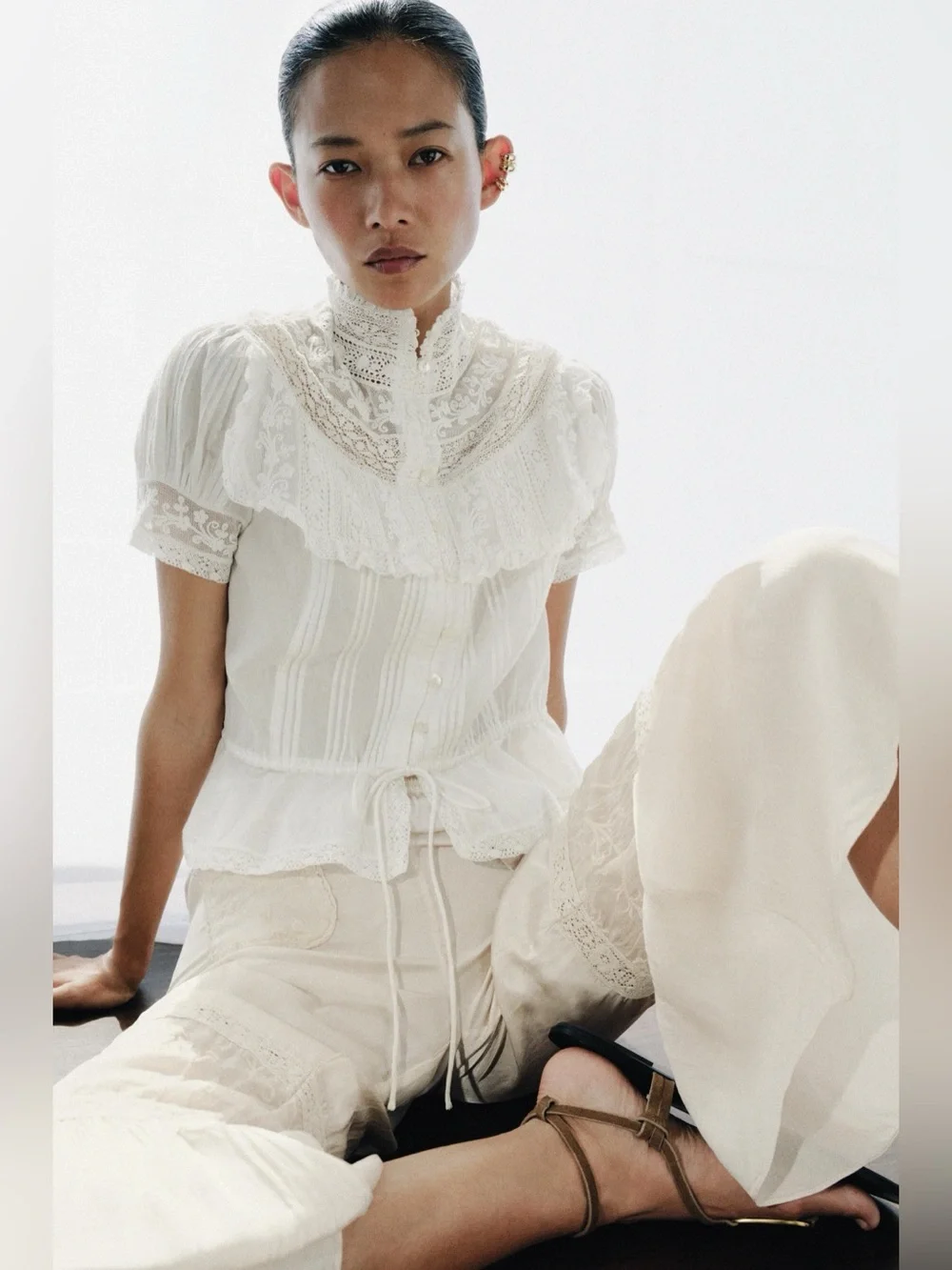 Zara Embroidered Lace Pleated Blouse